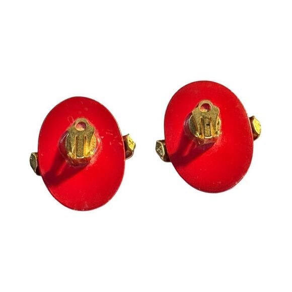 Earrings – Vintage Mid-Century Modern Red Enamel Clip-Ons - Picture 2 of 3